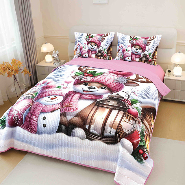 5D Коледна кувертюра от 3 части - бяло и розово с животинки