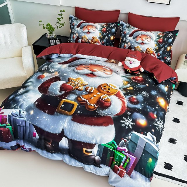 5D Коледно спално бельо от 100% памук - Червено с Дядо коледа
