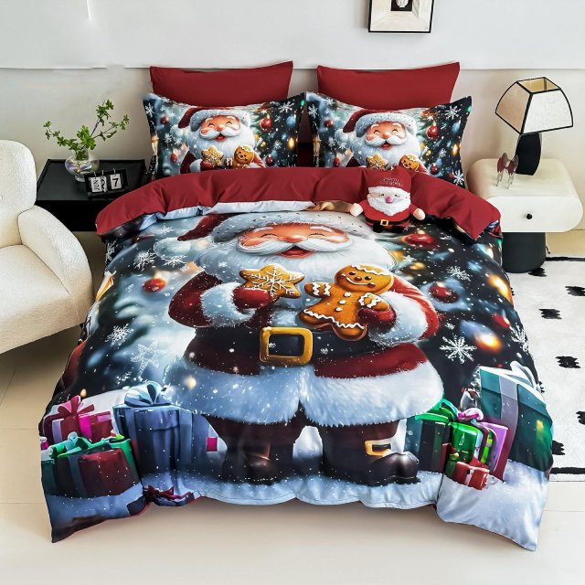 5D Коледно спално бельо от 100% памук - Червено с Дядо коледа