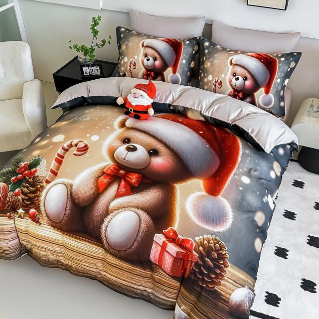 5D Коледно спално бельо от 100% памук - Кафяво и сиво с мече
