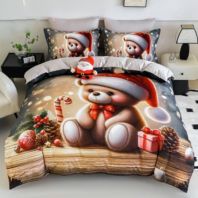 5D Коледно спално бельо от 100% памук - Кафяво и сиво с мече