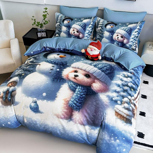5D Коледно спално бельо от 100% памук - Бяло и синьо с кученце