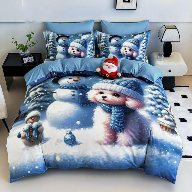 5D Коледно спално бельо от 100% памук - Бяло и синьо с кученце