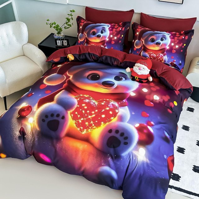 5D Коледно спално бельо от 100% памук - Червено с мече