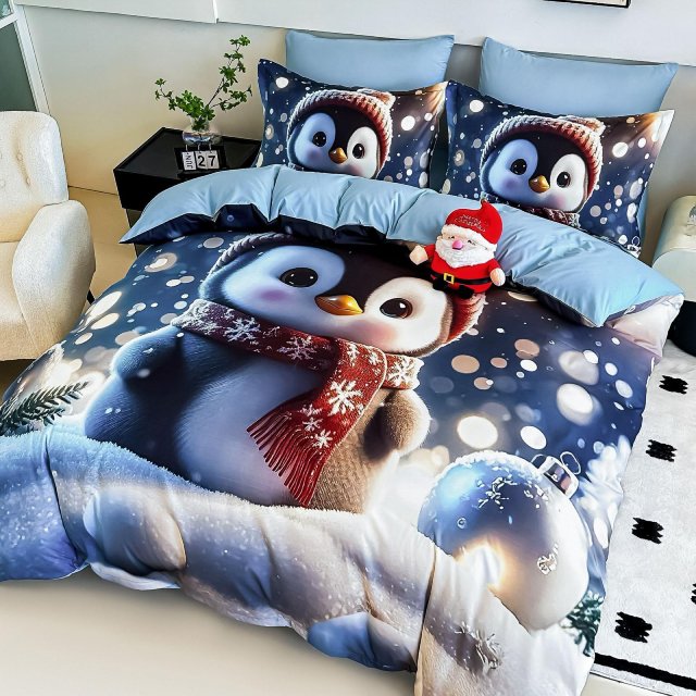 5D Коледно спално бельо от 100% памук - Бяло и синьо с пингвинчета