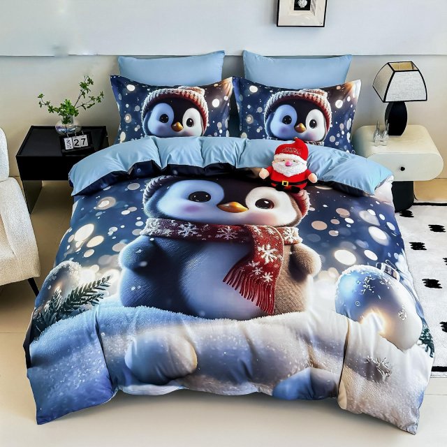 5D Коледно спално бельо от 100% памук - Бяло и синьо с пингвинчета