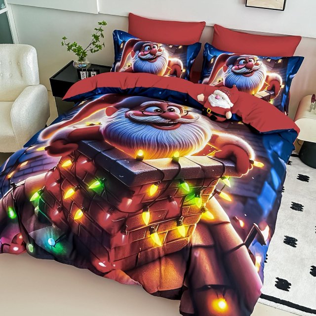 5D Коледно спално бельо от 100% памук - Червено с Дядо коледа