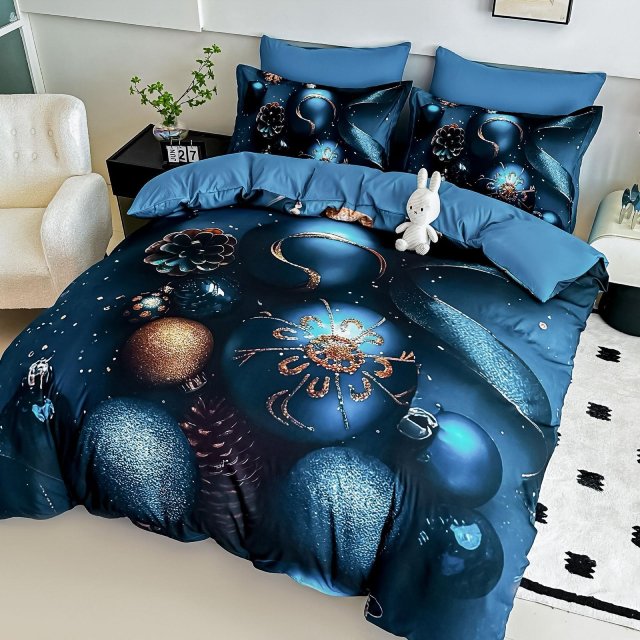 5D Коледно спално бельо от 100% памук - Синьо с коледни топки