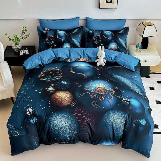 5D Коледно спално бельо от 100% памук - Синьо с коледни топки