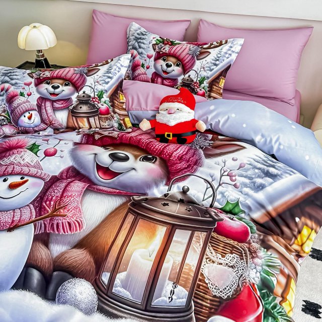 5D Коледно спално бельо от 100% памук - Бяло и розово с животинки