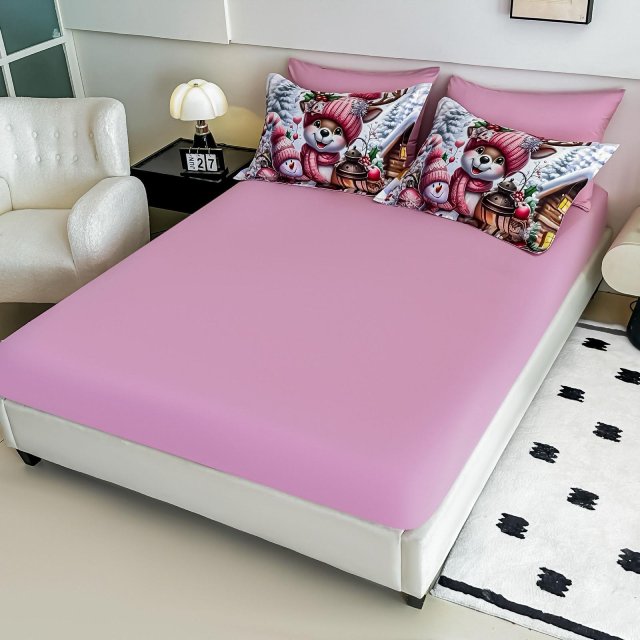 5D Коледно спално бельо от 100% памук - Бяло и розово с животинки