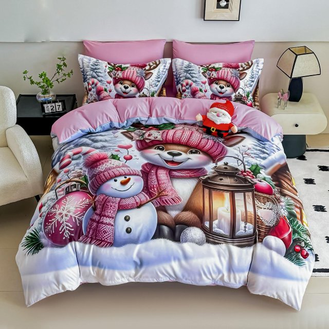 5D Коледно спално бельо от 100% памук - Бяло и розово с животинки