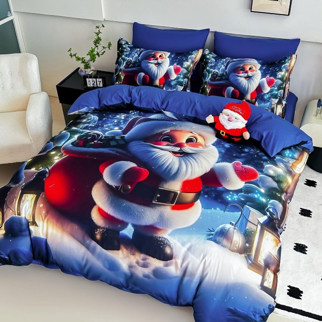 5D Коледно спално бельо от 100% памук - Синьо с Дядо коледа