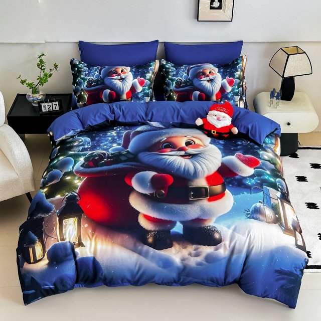 5D Коледно спално бельо от 100% памук - Синьо с Дядо коледа