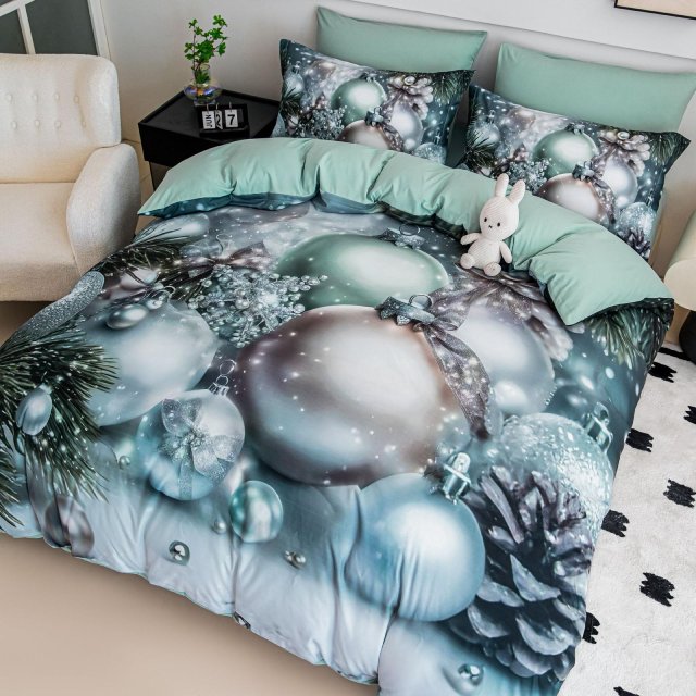 5D Коледно спално бельо от 100% памук - Ментово с коледни топки