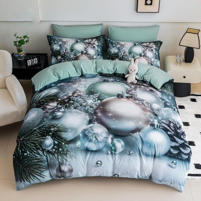 5D Коледно спално бельо от 100% памук - Ментово с коледни топки