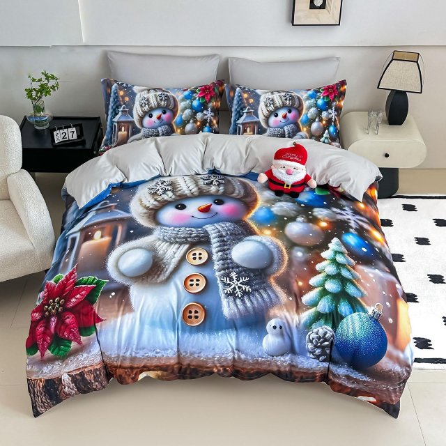 5D Коледно спално бельо от 100% памук - Светлосиво с коледен мотив