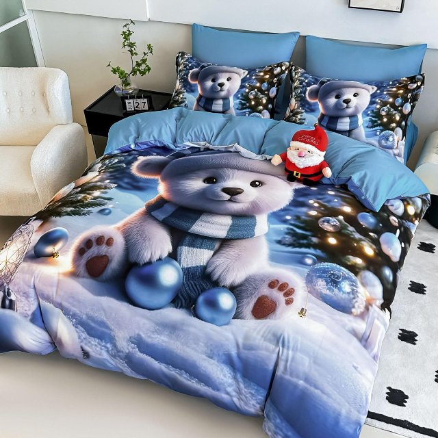 5D Коледно спално бельо от 100% памук - Светлосиньо с мечета