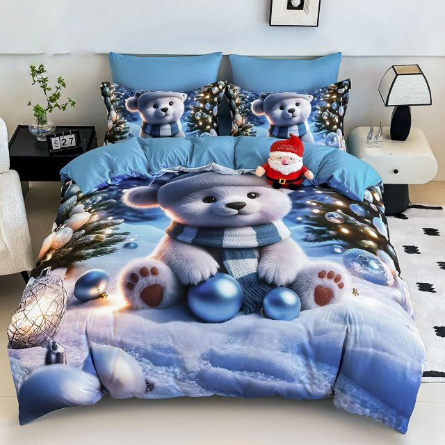 5D Коледно спално бельо от 100% памук - Светлосиньо с мечета