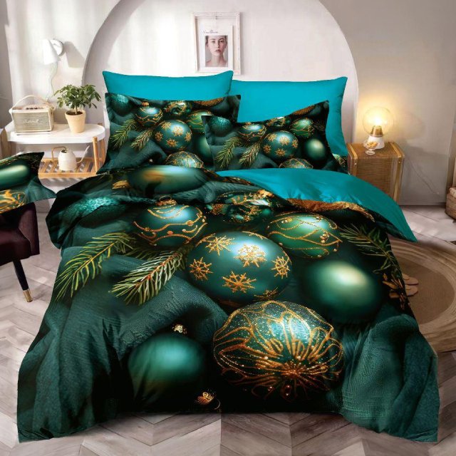5D Коледно спално бельо от 100% памук - Зелено с коледни топки