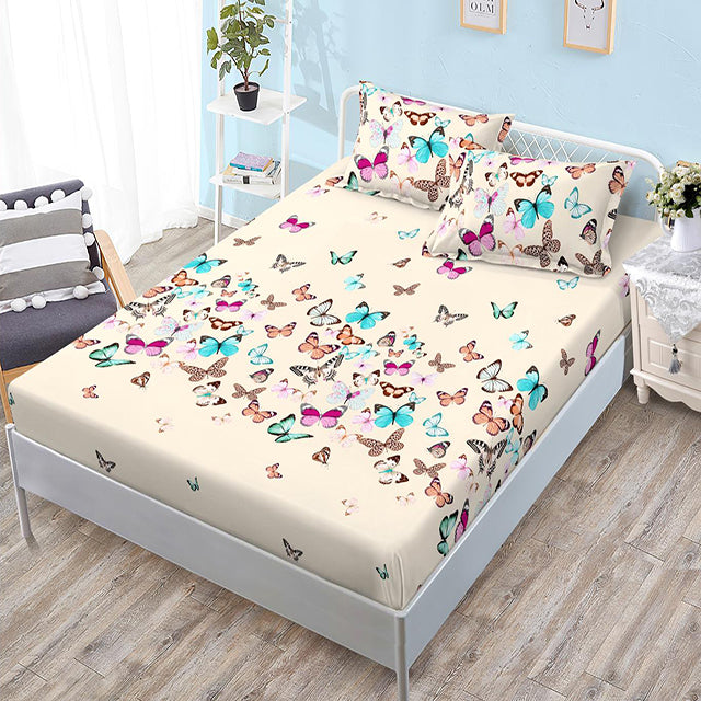 Спално бельо с ластик – бежово с многоцветни пеперуди