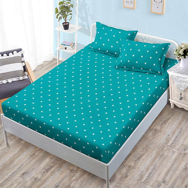 Спално бельо с ластик – тюркоазено с бели звезди