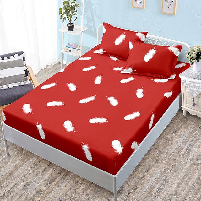 Спално бельо с ластик – червено с бели пера
