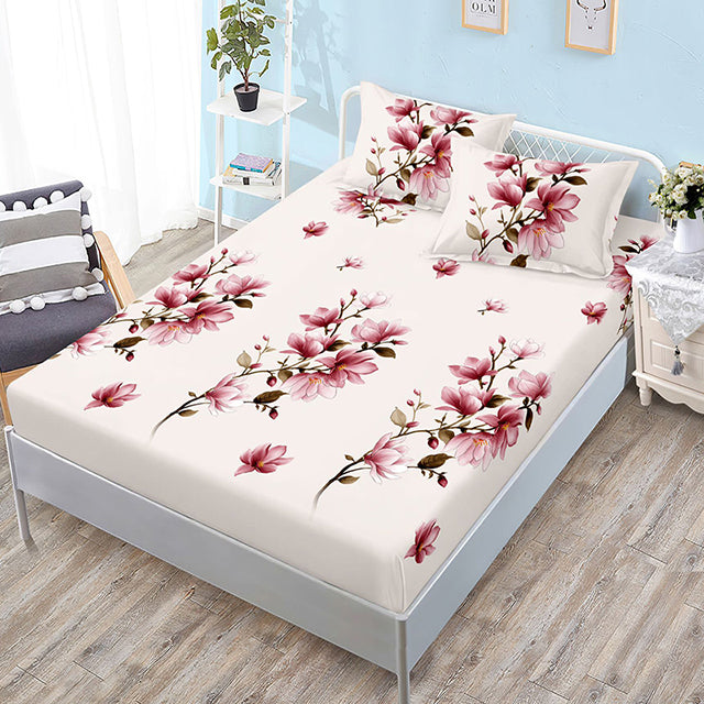 Спално бельо с ластик – бяло с розови цветя