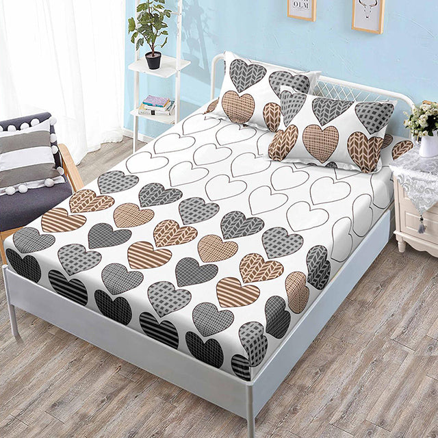 Спално бельо с ластик – бяло със сърца