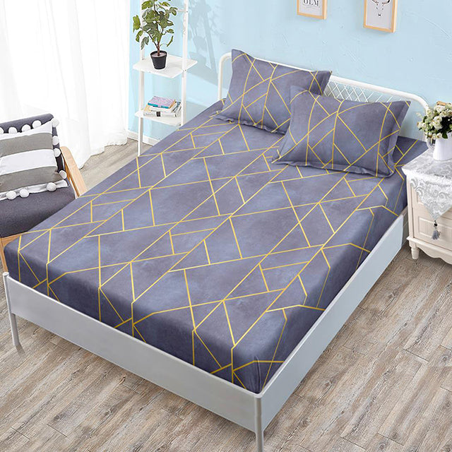 Спално бельо с ластик – сиво със златни ивици