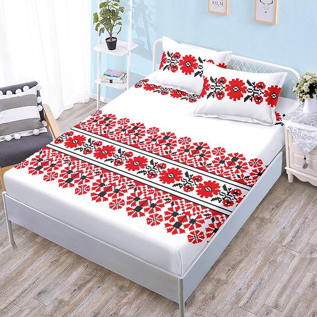 Спално бельо с ластик – бяло с червени цветя