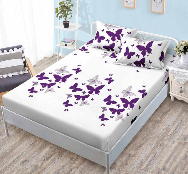 Спално бельо с ластик – бяло с лилави пеперуди