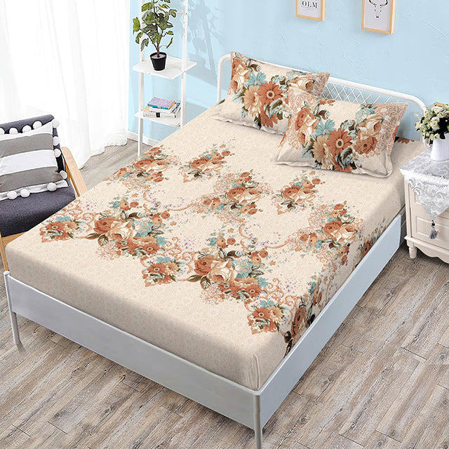 Спално бельо с ластик – бежово с кафяви цветя