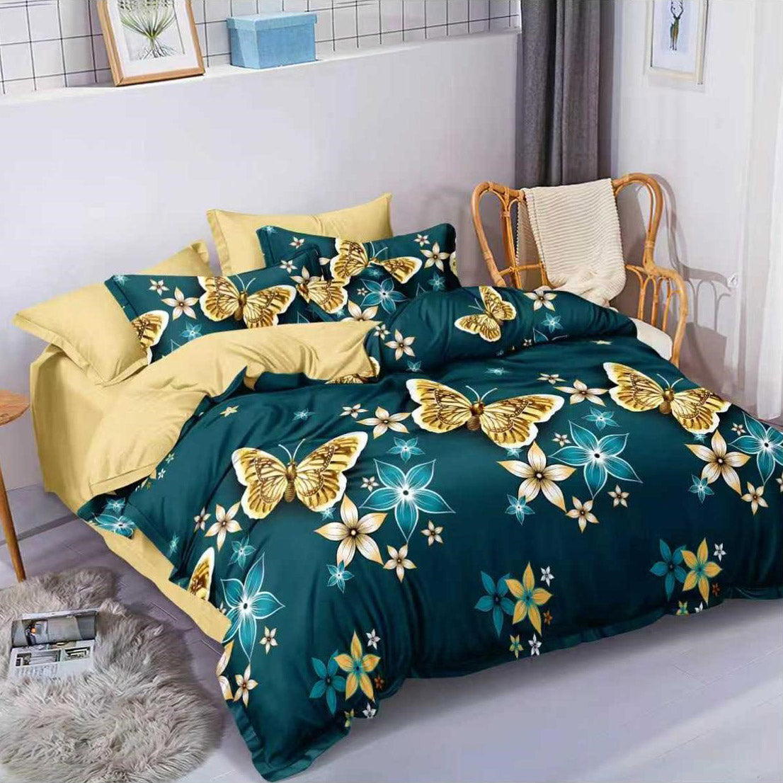 Спално бельо с ластик - зелено и жълто с пеперуди 