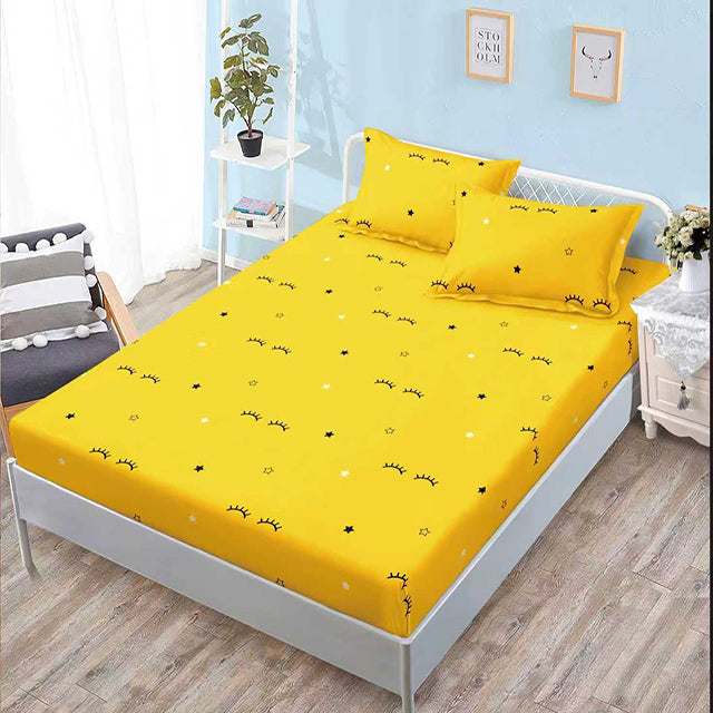 Спално бельо с ластик - жълто с мигли и звезди 