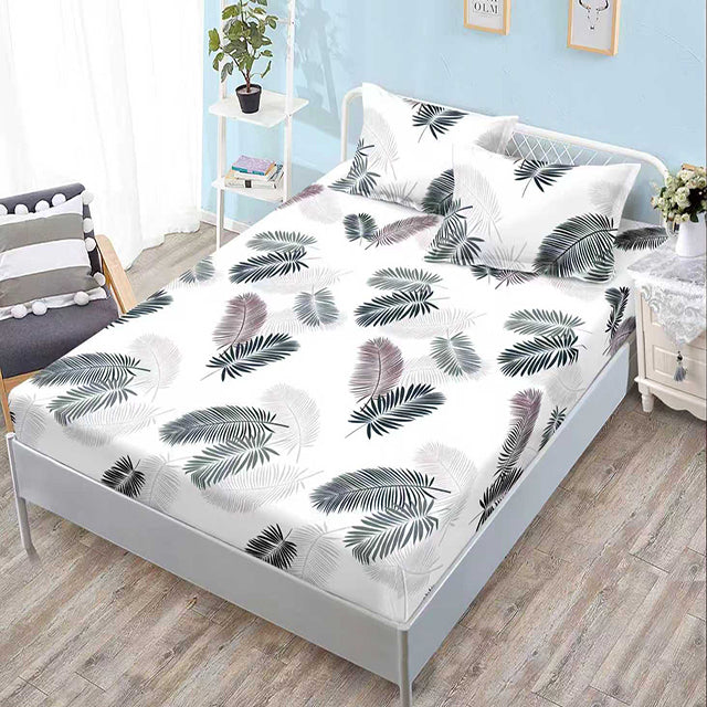 Спално бельо с ластик - бяло с пера 