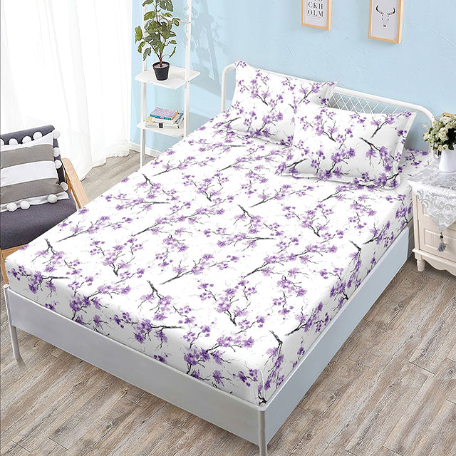 Спално бельо с ластик - бяло с лилави цветчета 