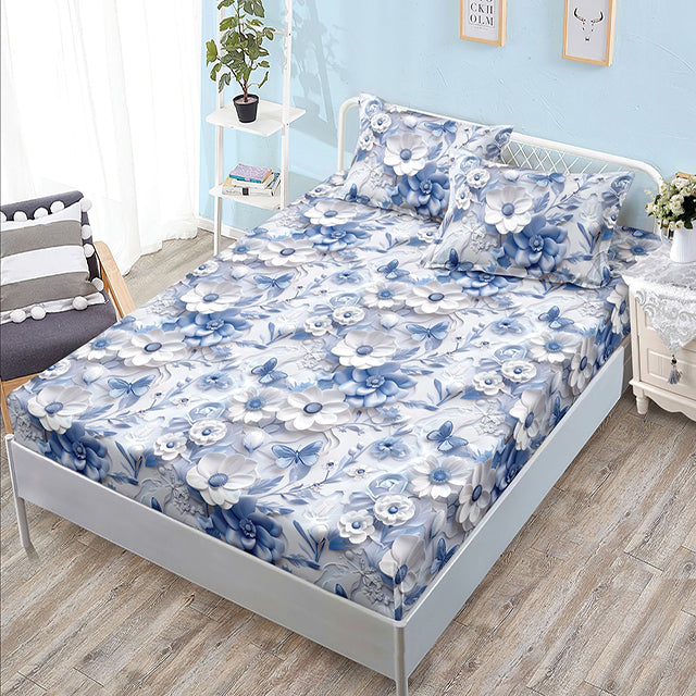 Спално бельо с ластик - синьо с цветя и пеперуди 