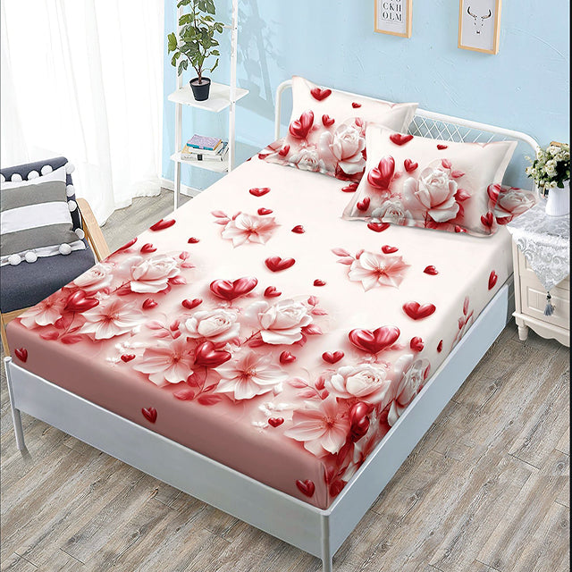 Спално бельо с ластик - цвят праскова с цветя и сърца 