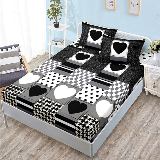 Спално бельо с ластик - бяло и черно 