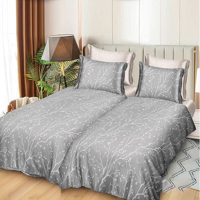 Спално бельо с 2 плика - сив цвят с клонки 