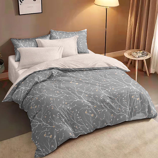 Спално бельо с 2 плика - сив цвят с клонки