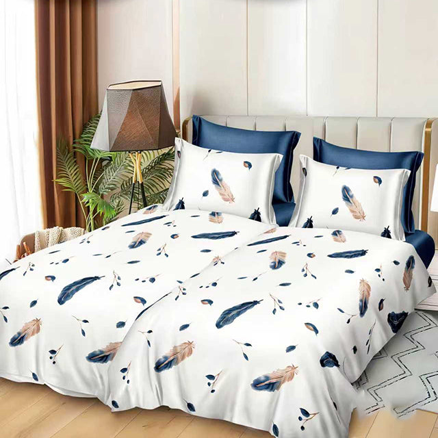 Спално бельо с 2 плика - бяло и синьо с пера - K-08