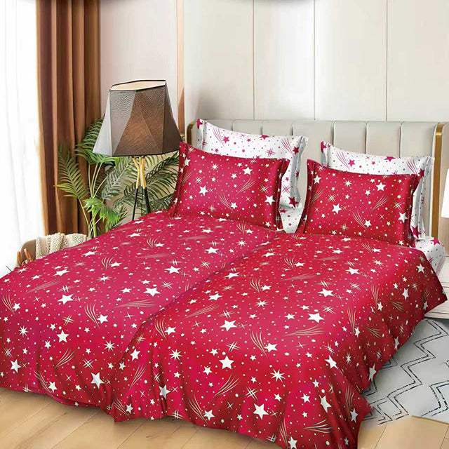 Спално бельо с 2 плика - червено и бяло със звездички