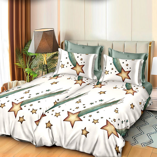Спално бельо с 2 плика - бяло и зелено с падащи звезди