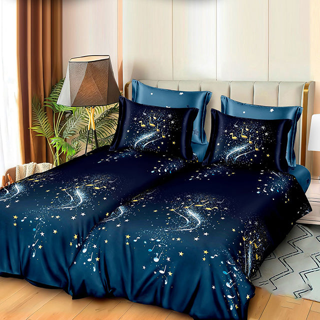 Спално бельо с 2 плика - тъмносиньо със звезди и ноти