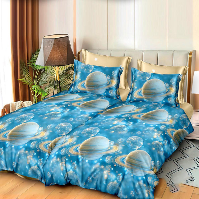 Спално бельо с 2 плика - светлосиньо с планети