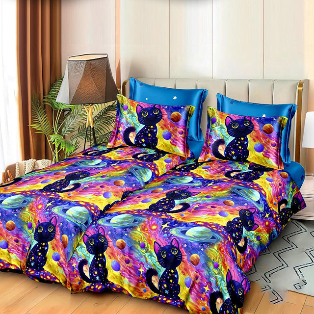 Спално бельо с 2 плика - многоцветно с котета и планети 