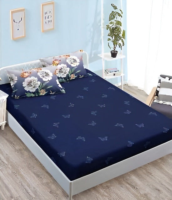 Спално бельо с ластик - синьо и розово с цветя и пеперуди