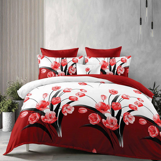 Спално бельо с ластик - червено и бяло с красиви цветя